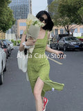 Wjczt Green Elegant Floral Midi Dress Women Casual Vintage Sexy Split Slip Dress Female 2024 Summer Korean Style Slim Club Party Dress