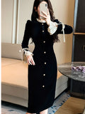 Wjczt Woman Winter Spring New Elegant Velvet Patchwork Midi Slim Dresses Lady Party Prom Fashion One Piece Clothes