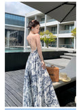 Wjczt Elegant Floral Print Spaghetti Strap Boho Maxi Dress Women Summer Sexy Cross Backless Casual Beach Vacation Dress Vestidos