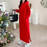 Wjczt Korean Women Autumn Winter Fleece Thicken Hooded Dress Solid Split Oversized Fashion Female Clothing Long Sleeve Casual Dresses