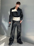 Wjczt  Designer Denim Matching PU Leather Color Contrast Versatile Straight Pants 2025 Spring Wide Leg Trousers High Street