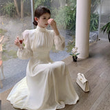 Wjczt 2024 Autumn Vintage Long Dress Women Stand Collar Long Lantern Sleeve High Waist Dresses Elegant Chic Party Dress