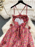 Wjczt Summer Sexy Spaghetti Strap Halter Beach Dress New Boho Maxi Backless Flower Print Red Chiffon Vestidos One Piece Long Robe