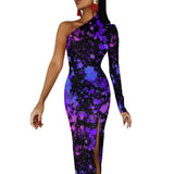 Wjczt Neon Paint Long Dress Women Graffiti Splatter Print Party Maxi Dress Summer Long Sleeve Sexy Bodycon Dresses Side Split Clothes