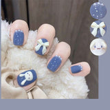 Wjczt 24PCS/Box Bowknot Rabbit Pattern Pearl Short Square Designer Fashion Design French Style Full Covering Pressed Fake Nails