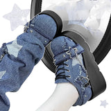 Wjczt Y2K Star Print Chunky Platform Ankle Boots Women New Metal Chain Blue Denim Boots Woman Cute Thick Bottom Jk Lolita Shoes