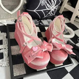 Wjczt Sweet Cute Japanese Style Women's Platform Thick Bottom Shoes Lolita Fashion Elegant Velvet Bow Cross Strap Round Toe High Heels