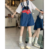 Wjczt Women Streetwear Kawaii Denim Shorts Overalls Lady Fashion Embroidery Oversize Wide Leg Jeans Female Y2k Clothes Deep Blue Pants