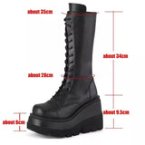 Wjczt Winter Women Boots Mid-calf Wedge High Heel Platform Lace Up Zip Ladies Pumps Female Punk Gothic Motorcycle Black Round Toe Shoe