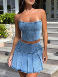 Wjczt Sexy Denim Skirt Sets Women Strapless Crop Tops And Mini Skirt Ladies Fashion Club Party Pleated Skirt Two Piece Set