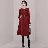 Wjczt New Designer Autumn Small Fragrance European Women Dress Luxurious Beads Belt O Neck Long Sleeve Tweed Slim Midi Dress