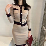 Wjczt New Autumn Women Fashion Designer Skirt Set Long Sleeve Pockets Tops + High Waist Knee Skirt Knitting 2 Two Pieces Suits