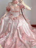 Wjczt Sweet Girl Pink Princess Dress Lolita Dress Elegant Off-Shoulder High Waist Slim Gradient Color Sexy Dress Birthday Dresses