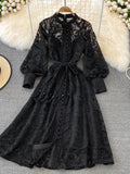 Wjczt Vintage Court Style Lace Dress Women Elegant Hollowed Out Lantern Long Sleeve Slim Party Dresses Ladies Beige Black Long Robe