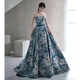 Wjczt Elegant Flower Evening Dress For Women Blue Green Strapless A-line Pleat Detachable Sleeve Belt Banquet Party Formal Prom Gowns