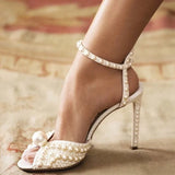 Wjczt Women Sandals Fashion High Quality Wedding Shoes Women New Pearls Studs Luxury Peep Toe High Heels Buckle Woman Sandal 43