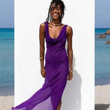 Wjczt Summer Holiday Beachwear Mesh See Through Maxi Dress Outfits for Women Sexy Backless Sleeveless Slit Long Dresses Summer Dress