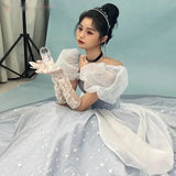 Wjczt Blue Prom Dress Engagement Jacquard Dress France Vintage Sweet Korean Princess Fairy Dress Evening Party Dress