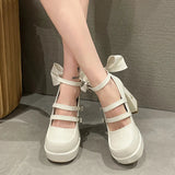 Wjczt Platform Lolita Shoes Summer Hot Buckle Strap Platform Heels Pumps Bowknot Kawaii Cute Black Mary Janes Women Heels Pumps