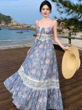 Wjczt Elegant Casual Summer Women Spaghetti Strap Floral Dress Sleeveless Vintage A-Line Chic Party Beach Holiday Vestidos Female Robe