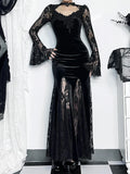 Wjczt  Aesthetic Gothic Midi Dress Women Vintage Elagnt Lace Patchwork See Through Flare Sleeve High Waist Clubwear Dress Femme