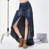 Wjczt Female Designer High Waist Denim Skirts Women Sexy Irregular Robe Dress Girls Fashion Punk Blue A Line Floor Length Jeans Skirts