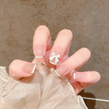 Wjczt 24pcs French Point Diamond Fake Nails Wearing Artificial Square Head Press On Acrylic Nail Art Pearl Patch Almond False Nails