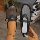 Wjczt Female Shoes on Sale 2024 Summer Black Mesh Hollow Women's Sandals New Metal Pin Buckle Design Casual Flats Shoes Zapatos Mujer