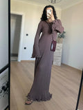 Wjczt Elegant Solid Ruffles Knitted Dress For Women Loose O Neck Long Trumpet Sleeve Maxi Dresses 2024 New Female White Knitwear