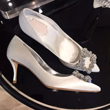 Wjczt Luxury Rhinestone Pointed Toe Stiletto Heel Women Satin Designer Dress Shoes Ladies Elegant Crystal Wedding Bridal Shoes Pumps