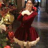 Wjczt Elegant Velvet Lace Ruffles Patchwork Short Dresses for Women Long Sleeve A-line Korean Fashion Christmas Birthday Party Dress