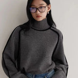 Wjczt 2024 Autumn/Winter New Loose Fit Turtleneck Pullover Sweater for Women, Striped Academy Style, Korean and Japanese Fashion