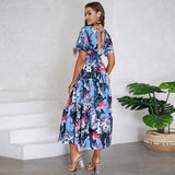 Wjczt Women Autumn Outfits Short Sleeve Sexy V-Neck Slim Bohemian Print Dress Popular Printed Summer Dress Women