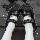 Wjczt Japanese Sweet Girls Cosplay Lolita Shoes Round Head Thick Bottom Lace Love Cross Metal Star Chain 2.5cm-5cm High Heels Shoes