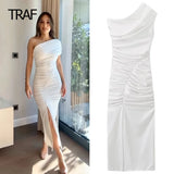 Wjczt Womens Dresses Summer 2024 Ruffle Asymmetric Dress Midi White Sleeveless Spandex Slit Dress Women's Elegant Parties Dresses