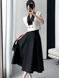 Wjczt French Elegant Two Piece Sets Vintage Office Lady Puff Sleeve White Crop Top + A Line Black Midi Skirts Suit Retro Summer Outfit