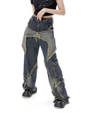 Wjczt New women star stitching tassel pants American retro high street jeans loose wide leg pants trendy punk y2k pants