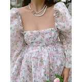 Wjczt Summer Women Dress Both-Sides Wear Floral Print Chiffon Organza Dress Sexy Square Neck Puff Sleeve Party Prom Skirt Short Sweet