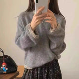 Wjczt Vintage Fashion Knitwear Korean Style Sequined Patchwork Loose Long Sleeve Pullover Sweater Women 2024 Autumn Winter