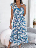 Wjczt 2025 New Blue Floral Print White Dresses Women Lace Hollow Out Long Dress Holiady Summer Bodycon Robe Elegant Ruffles Vestidos