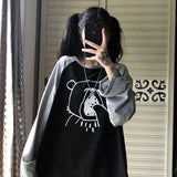 Wjczt  -Harajuku Korean Preppy Style Tees Raglan Sleeve Black Bf Contrast Color Tshirts Bear Print O Neck Y2k Women Camisetas Oversize