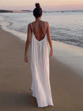 Wjczt White Backless Sling Maxi Dress For Women Sexy Solid Off Shoulder Sleeveless Dresses Summer Lady Loose Beach Vacation Robes