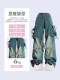 Wjczt Women Blue Cargo Jeans Baggy Vintage 90s Aesthetic High Waist Cowboy Pants Harajuku Denim Trousers Y2k Trashy 2000s Clothes 2024