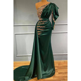 Wjczt Luxury Green Evening Dresses Dubai Arab Gold Applique Satin Formal Party Gownes  Mermaid Women's Robe With One Shoulder Sleeve