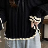 Wjczt Sweet Ruffles Women Sweaters Contrast Color Peter Pan Collar Sweet Pullovers Autumn Winter Korean Style Pull Femme