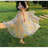 Wjczt 2025 New Spring and Summer One Shoulder Puff Sleeve Floral Sling Dress Women's Waist Seaside Beach Long Skirt Prom Dress