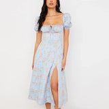 Wjczt  Sexy High Split Dresses Women Summer Puff Sleeve Blue Flower Dress Woman Elegant Square Collar Dress Female S-3Xl