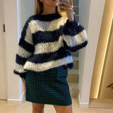 Wjczt Mohair Stripe Knit O-neck Women's Pullovers Lantern Sleeve Oversized Loose Sweater 2024 Autumn Casual Office outerwears