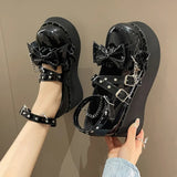 Wjczt  Spring Chunky Platform Mary Janes Women Sweet Bowtie Ankle Strap Lolita Shoes Woman Rivets Punk Gothic Shoes Pumps