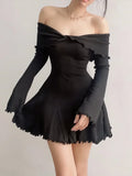 Wjczt Autumn Strapless Sexy Black A-LINE Dress Women Off Shoulder Long Sleeves Streetwear Knitting Mini Dresses Elegant Club Partywear